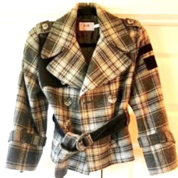 JUICY COUTURE Y2K Belted Crop Blazer Gray Plaid Black Velvet Trim 8 MSRP $495 - Picture 1 of 5